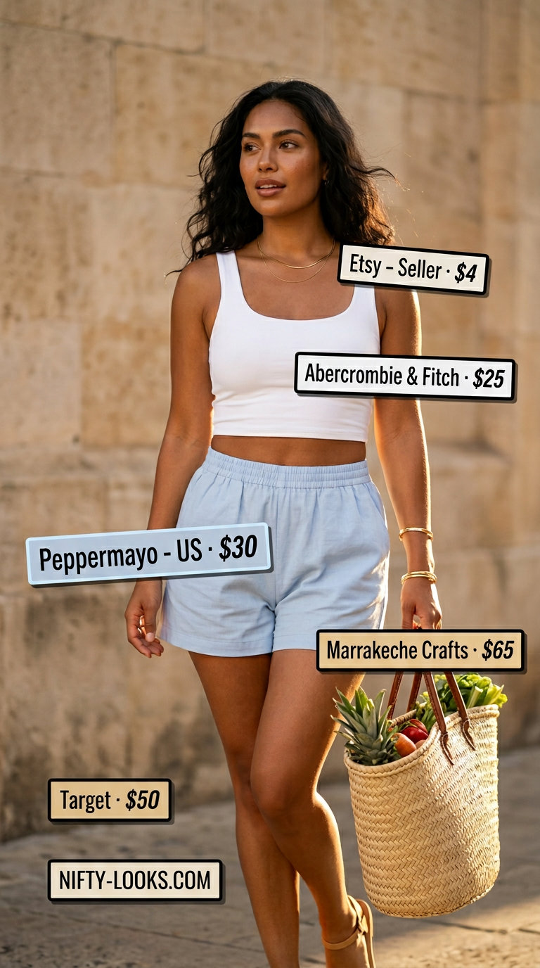 Women short outfits summer 2026: Pastel blue skirt with white tank top, espadrilles, and straw tote for coastal vibes.