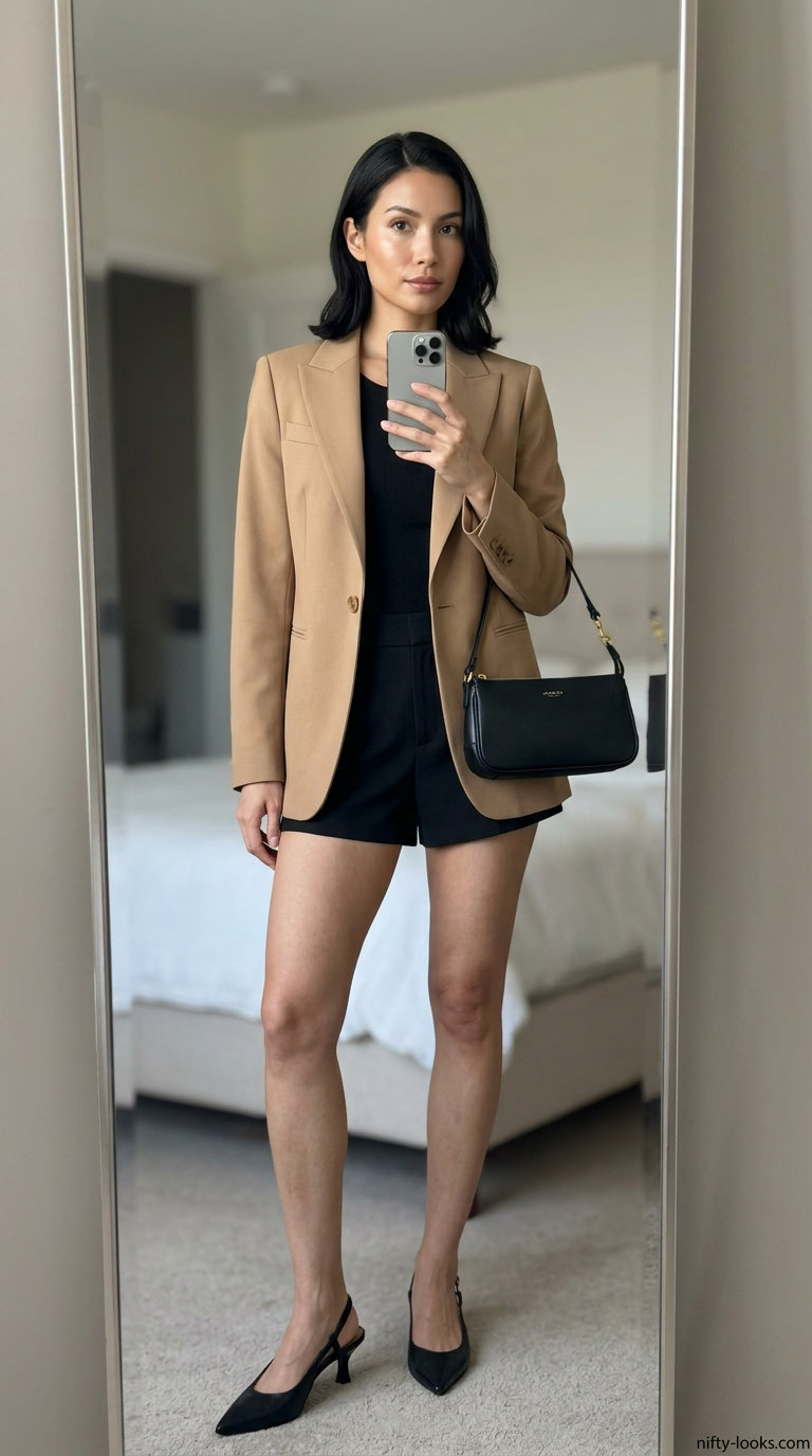 Polished women short outfits summer 2026: tailored blazer, mini shorts, knit bodysuit, slingbacks.