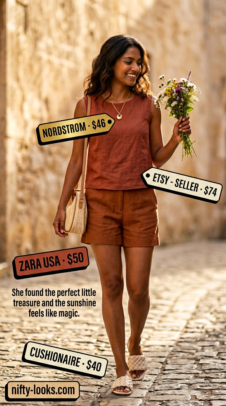 Elegant women short outfits summer 2026: linen shorts set, woven sandals, straw bag, gold necklace.