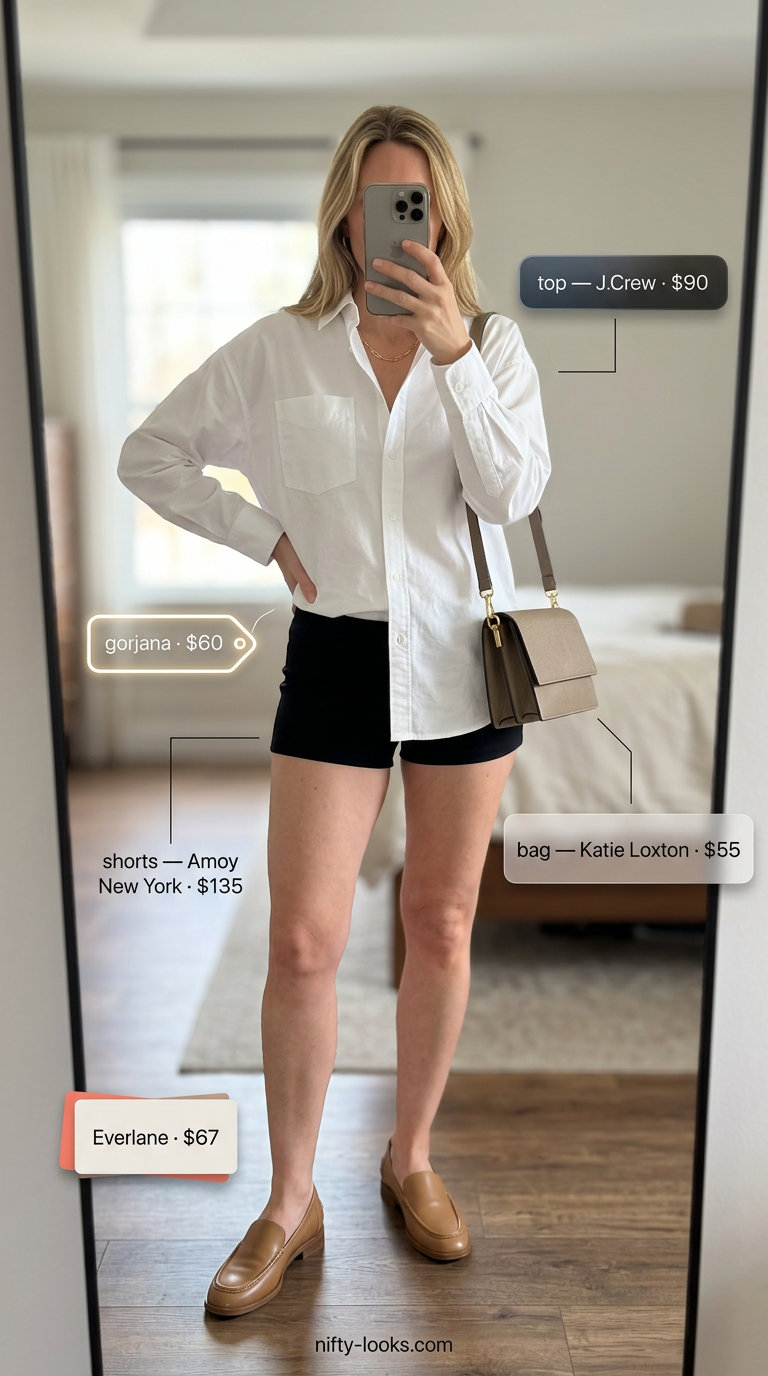 Women short outfits summer 2026: Tan loafers, white shirt, tan bag, gold necklace, avoid shorts.