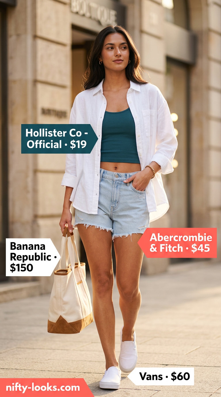 Casual weekend women short outfits summer 2026: denim shorts, linen shirt, canvas sneakers, tote bag.