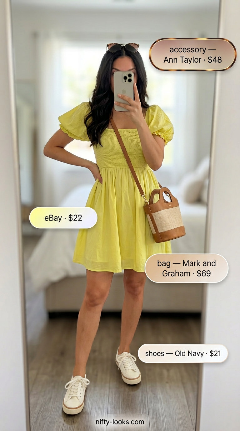 Women short outfits summer 2026: Bright yellow sundress with white sneakers and straw crossbody bag for a sunny day.