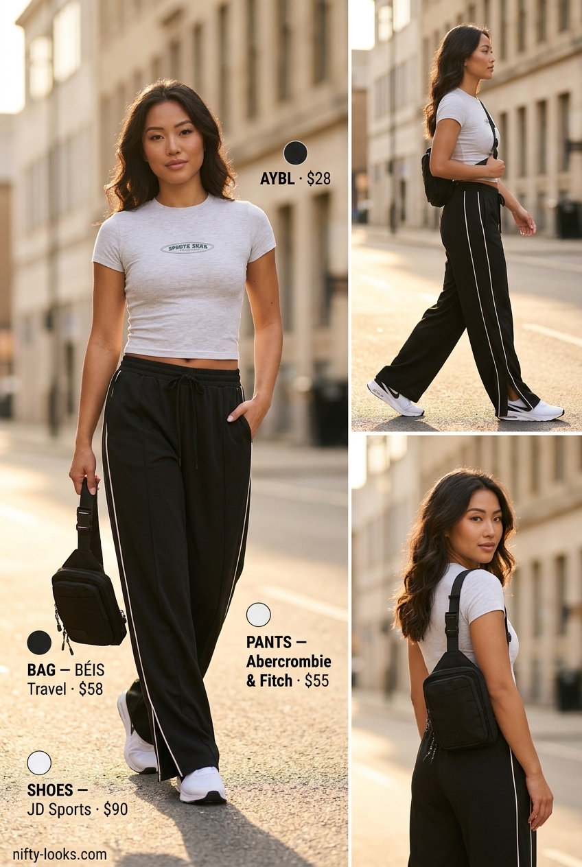 Y2K baby tee summer outfits for women 2026: Grey sporty tee, black track pants, athletic sneakers, belt bag, baseball cap.