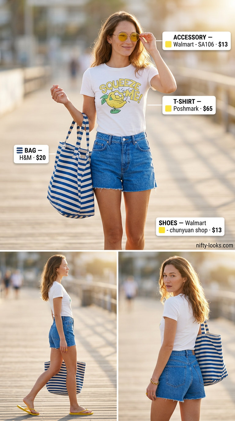 Y2K baby tee summer outfits for women 2026: White graphic tee, high-waisted denim shorts, flip-flops, beach tote.
