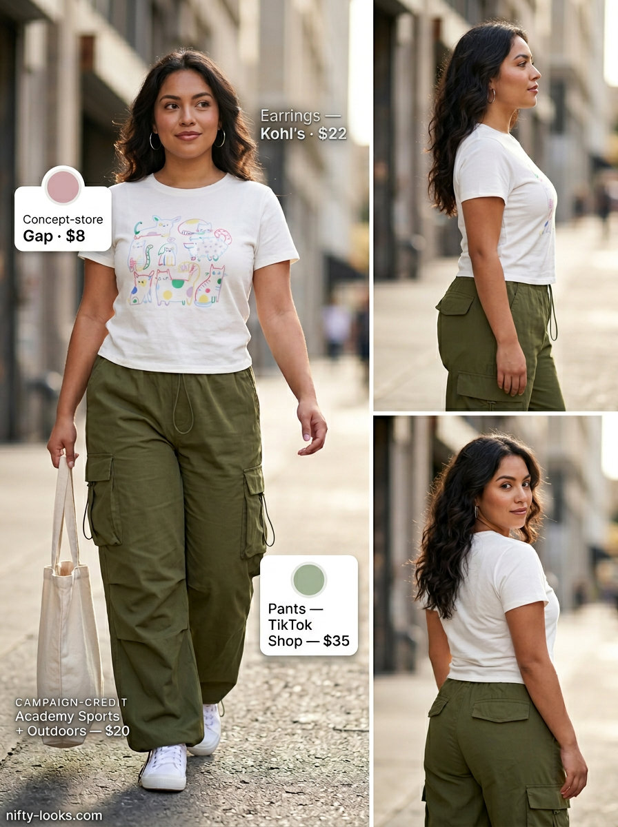 Y2K baby tee summer outfits for women 2026: Multi-color graphic tee, olive cargo pants, white sneakers, drawstring backpack.