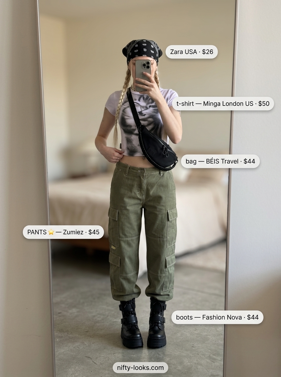 Y2K baby tee summer outfits 2026: White graphic baby tee with olive cargo pants for a cool street style look.