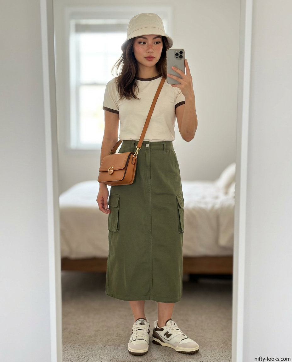 Y2K baby tee summer outfits for women 2026: Cream ringer tee, olive cargo midi skirt, platform sneakers, bucket hat.