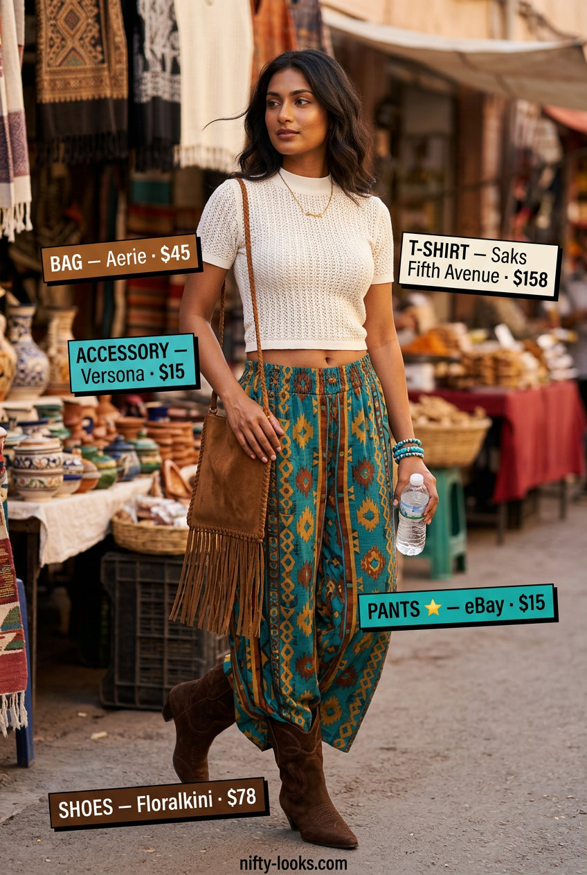 Y2K baby tee summer outfits 2026: Cream crochet baby tee with paisley wide-leg pants for a boho festival look.