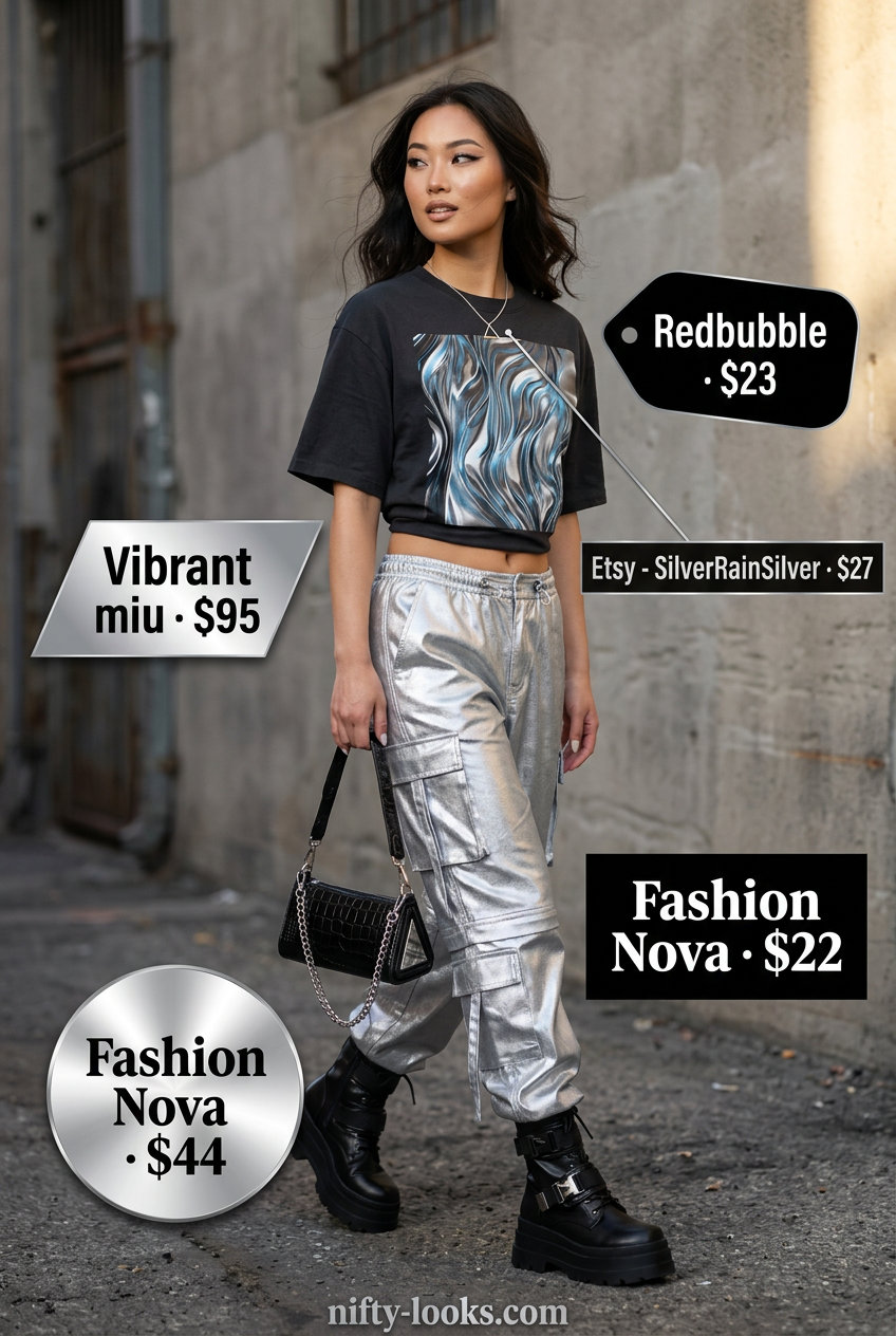 Y2K baby tee summer outfits for women 2026: Cyberpunk night out with metallic pants, graphic tee, and combat boots.