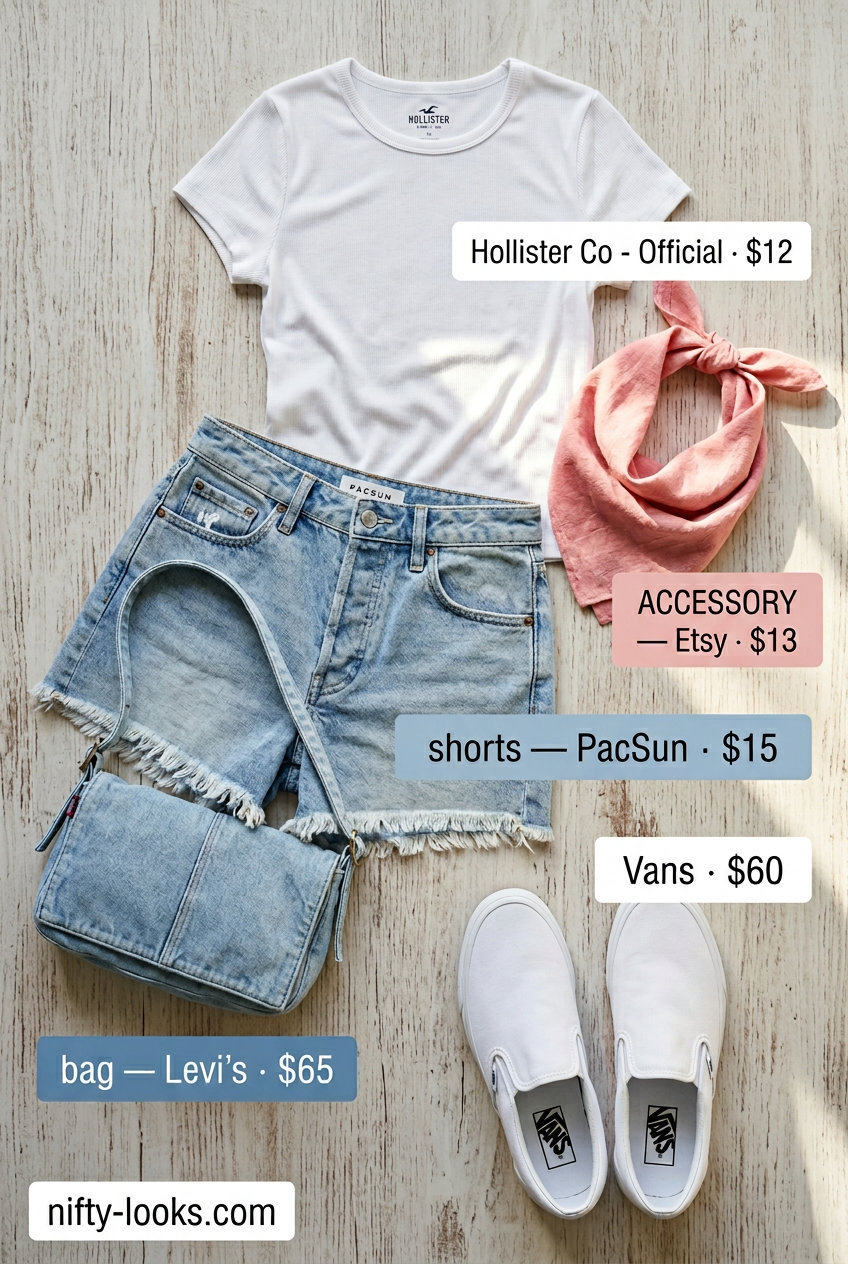 Y2K baby tee summer outfits for women 2026: White tee, light wash denim shorts, slip-on sneakers, pastel bandana.