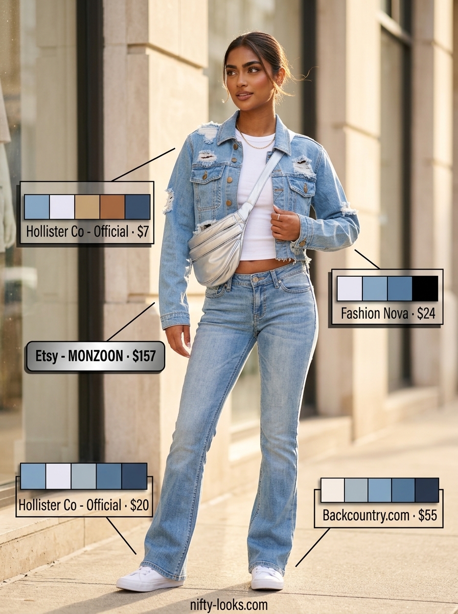 Y2K baby tee summer outfits for women 2026: Denim duo with cropped jacket, bootcut jeans, and white tee.