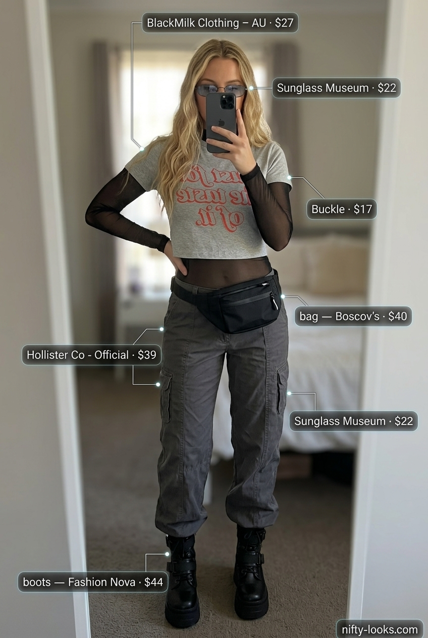 Y2K baby tee summer outfits 2026: White graphic baby tee with cargo pants for a trendy festival look.