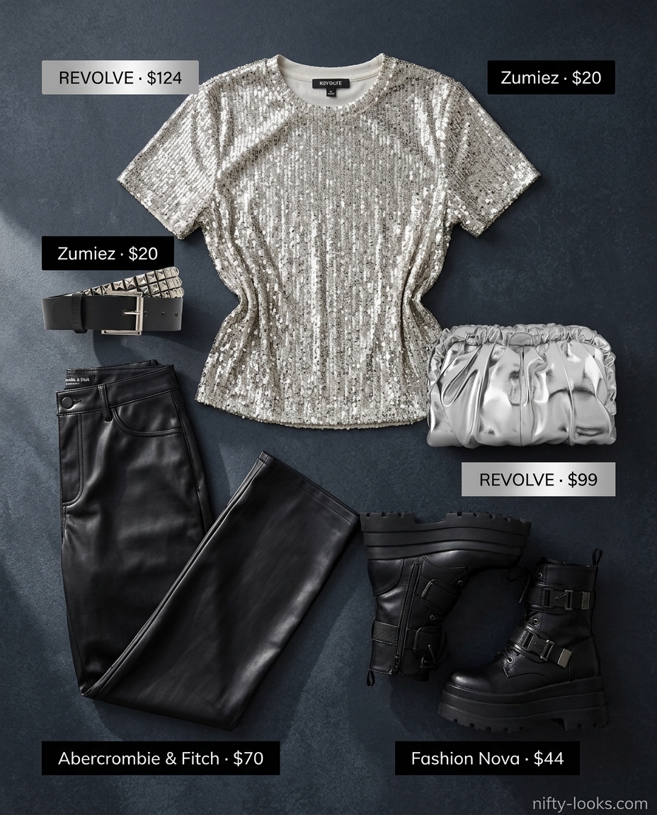 Y2K baby tee summer outfits for women 2026: Sequin tee, faux leather pants, combat boots, studded belt, clutch.