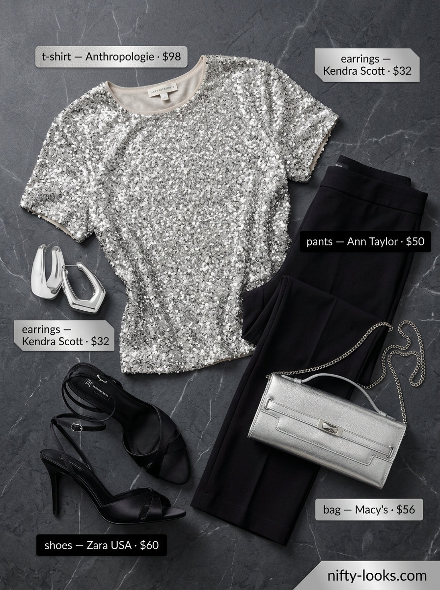 Y2K baby tee summer outfits 2026: Silver glitter baby tee with black pants for a glamorous party look.