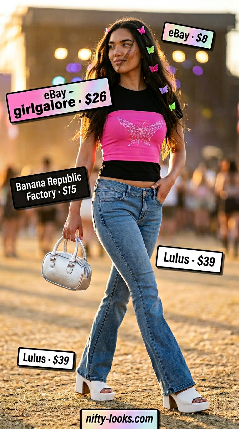 Y2K baby tee summer outfits for women 2026: Groovy tube top, low-rise flare jeans, and platform sandals.