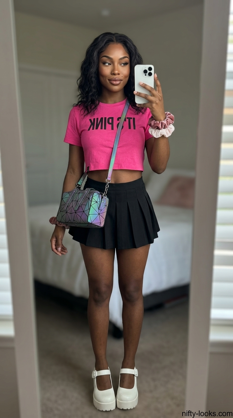 Y2K baby tee summer outfits for women 2026: Pink graphic tee, black pleated mini skirt, platform Mary Janes, iridescent bag.