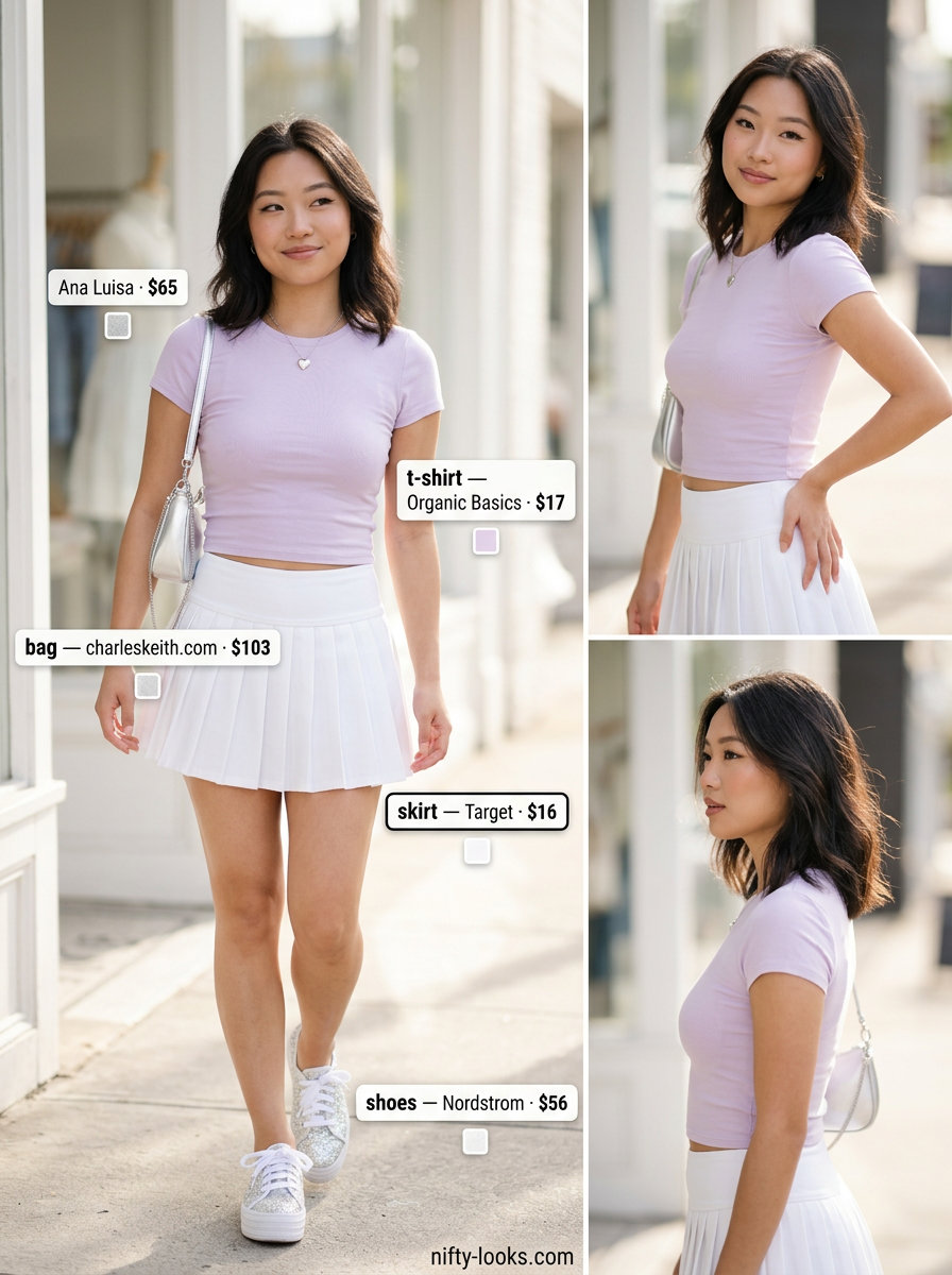 Y2K baby tee summer outfits for women 2026: Lilac tee, white pleated skirt, platform sneakers, silver chain bag.