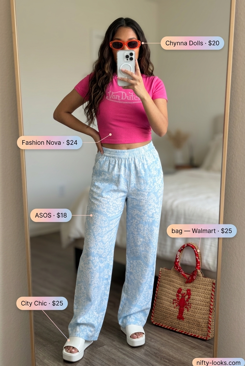 Y2K baby tee summer outfits 2026: Hot pink graphic baby tee with blue palazzo pants for a fun poolside look.