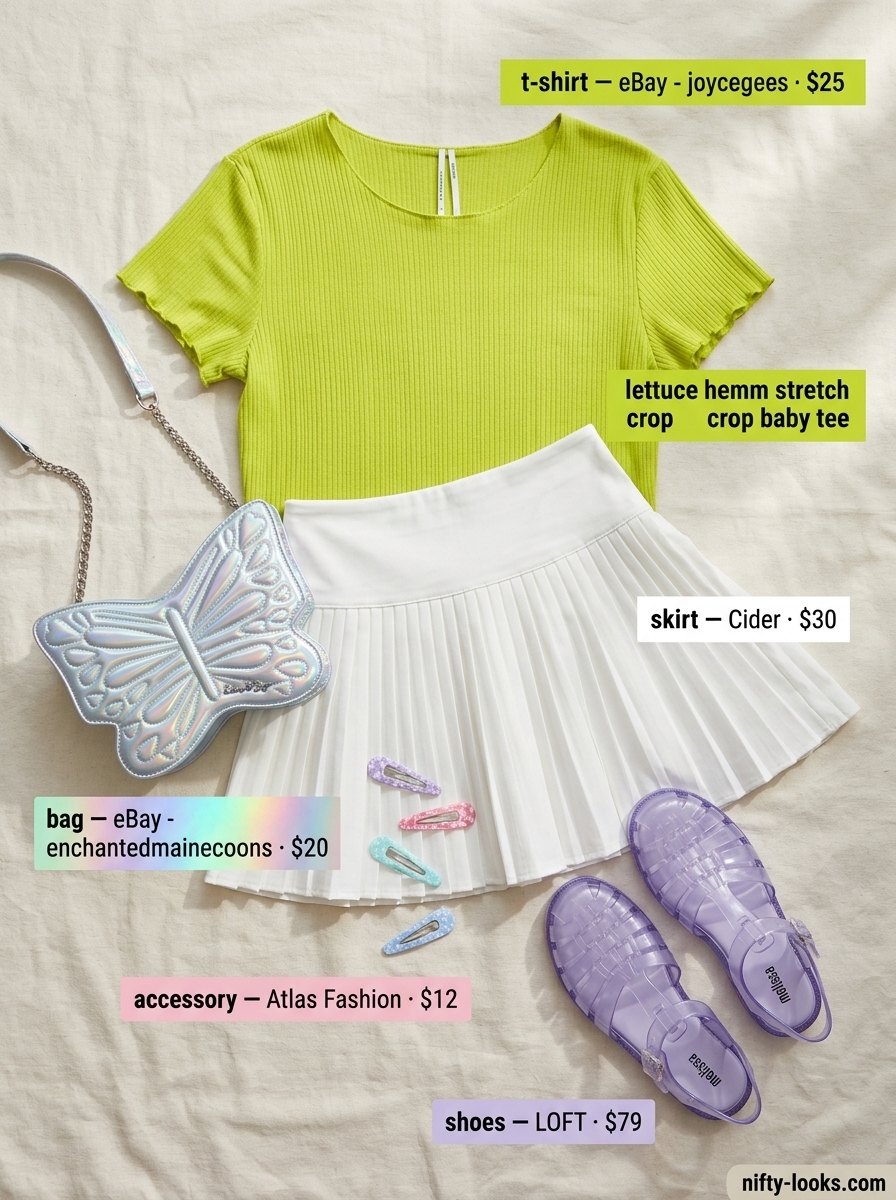 Y2K baby tee summer outfits for women 2026: Poolside look with lime green baby tee, white skirt, and jelly sandals.