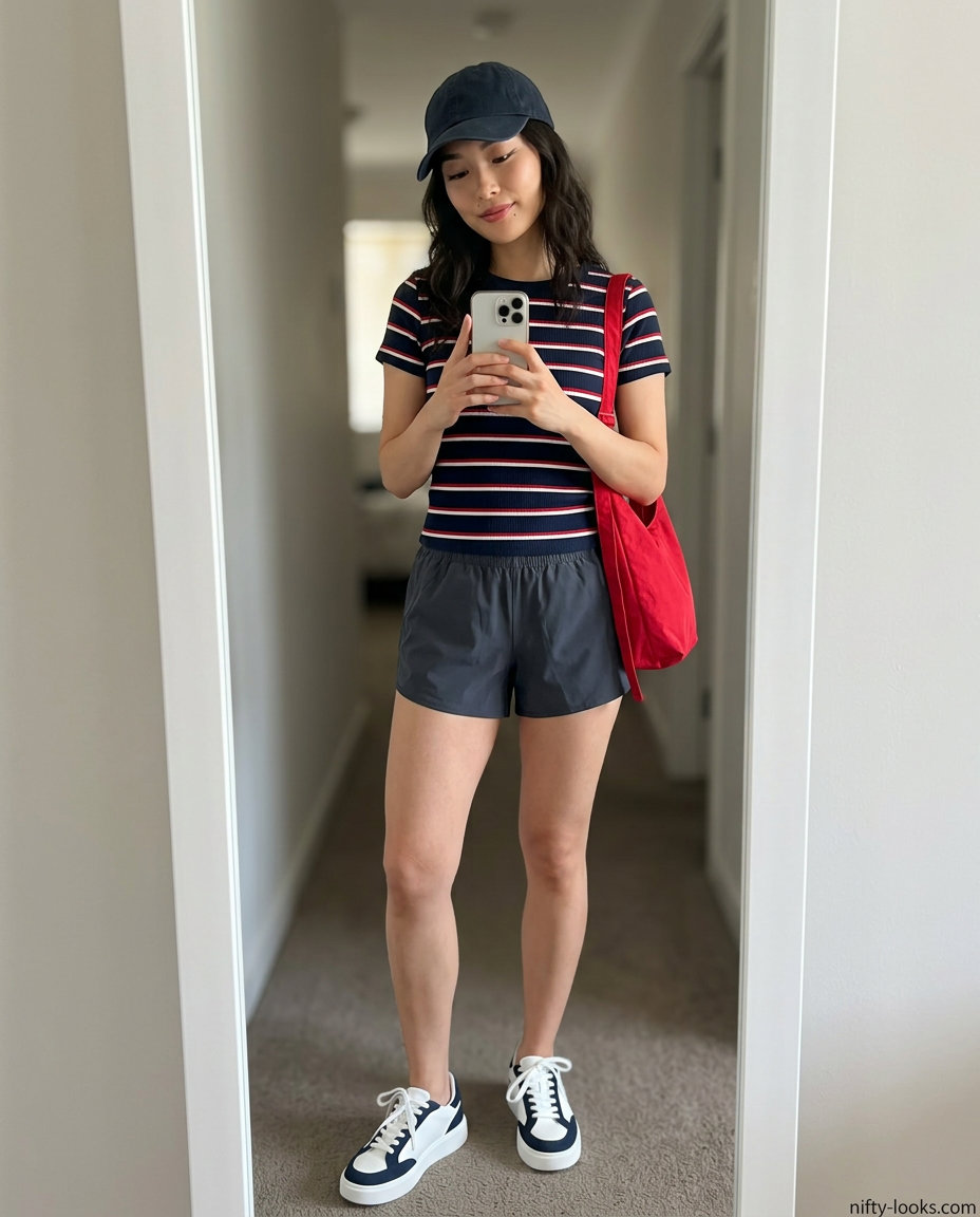 Y2K baby tee summer outfits 2026: Navy striped baby tee with track shorts for a retro sporty look.