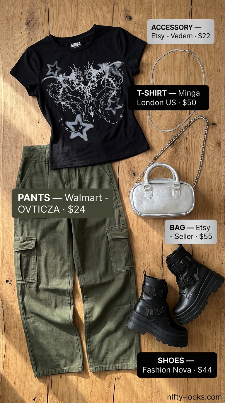 Y2K baby tee summer outfits for women 2026: Street style with cargo pants, graphic baby tee, and combat boots.