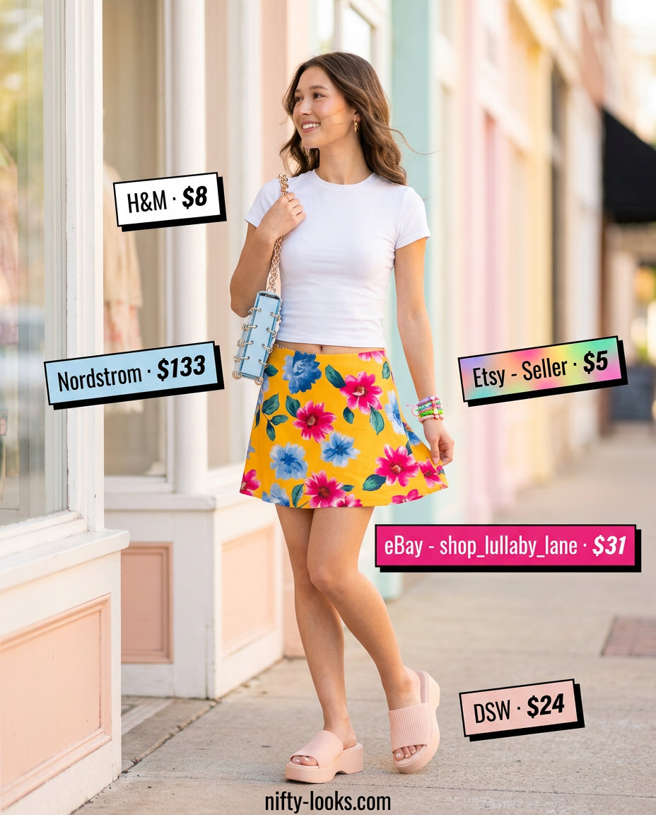 Y2K baby tee summer outfits for women 2026: Sweet pastel outfit with floral skirt, white baby tee, and platform flip-flops.