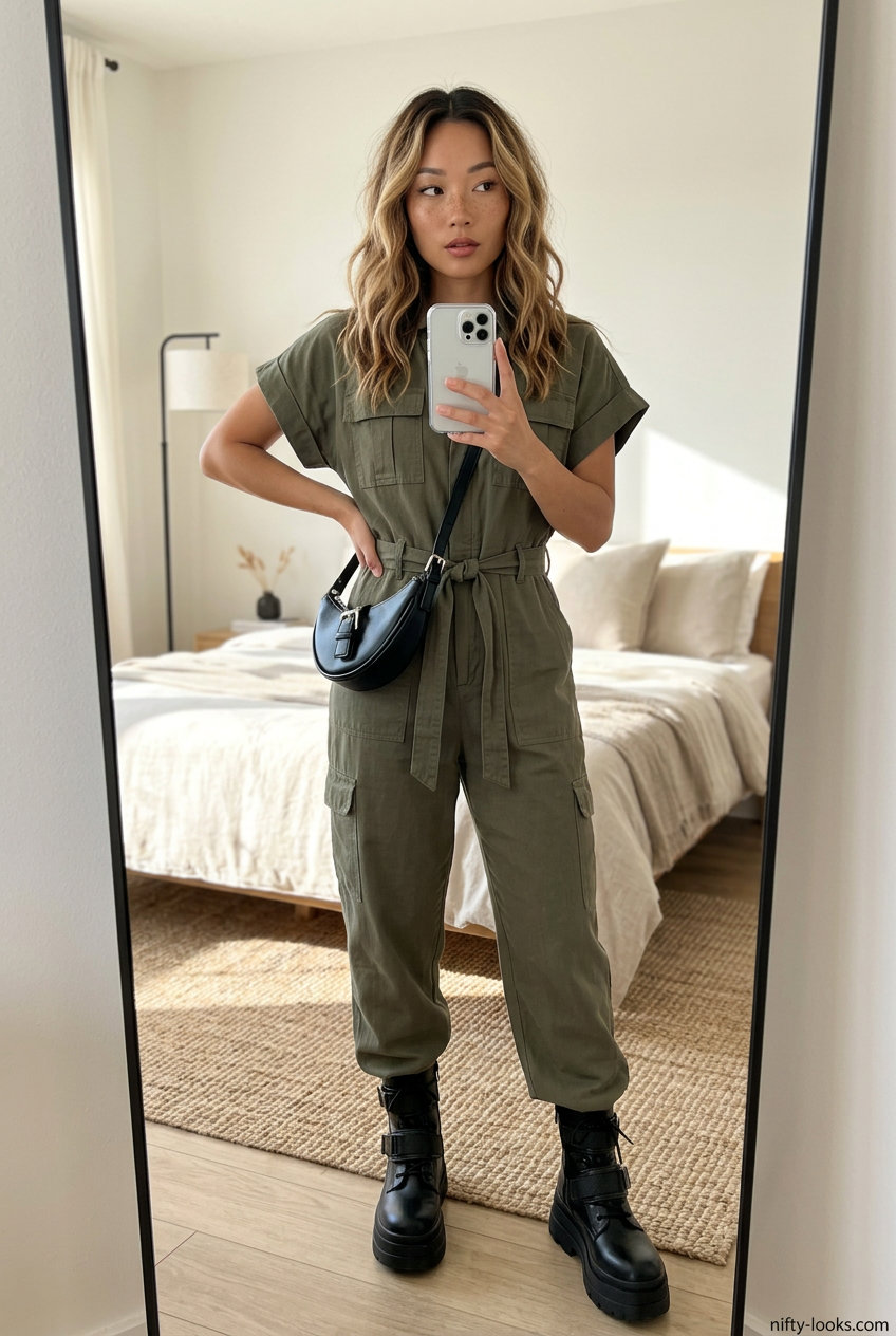 Y2K baby tee summer outfits for women 2026: Utility jumpsuit with cargo pockets, crossbody bag, and combat boots.