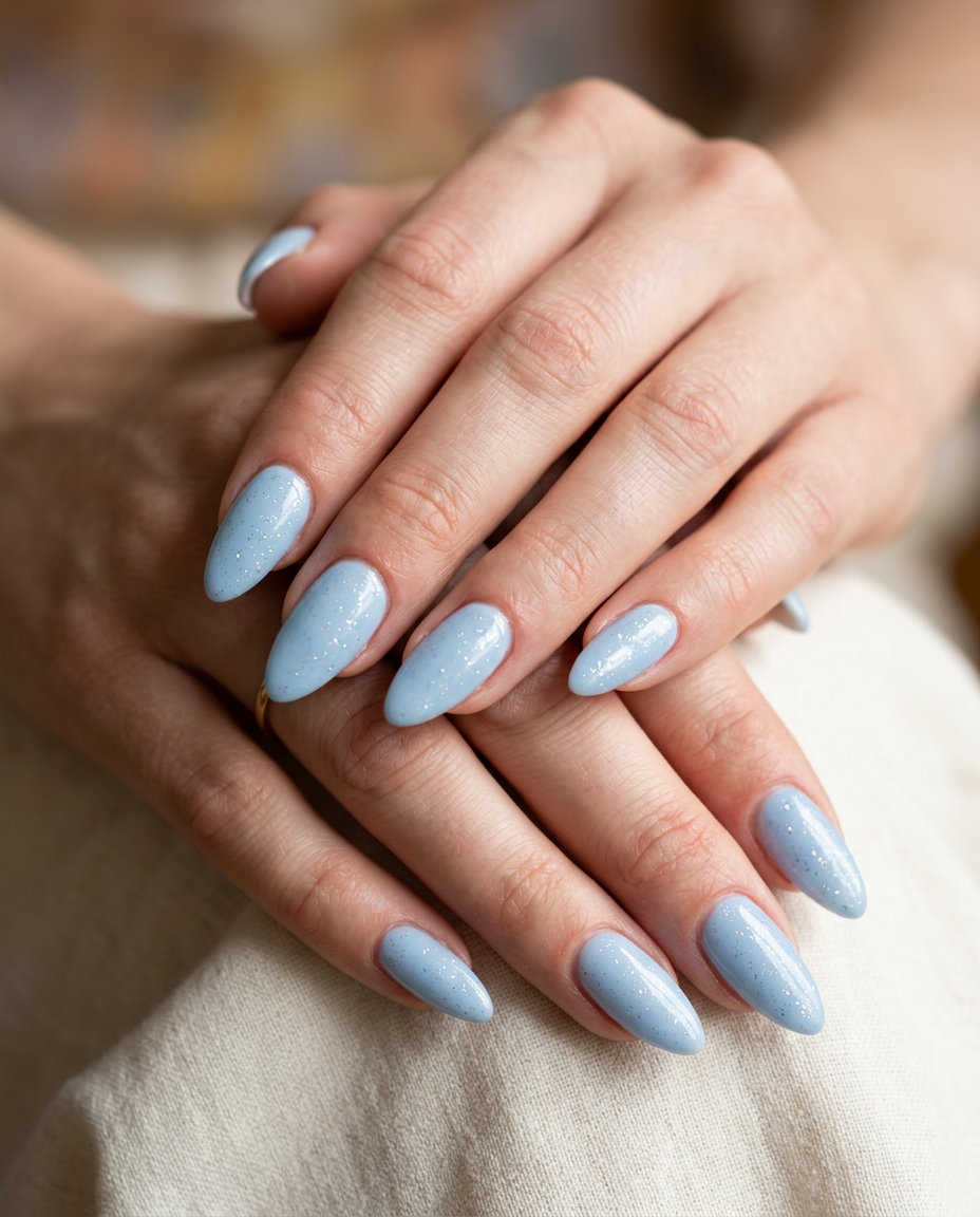 Baby blue almond nails with holographic flecks, a playful choice for almond summer nails 2026 for fair skin.