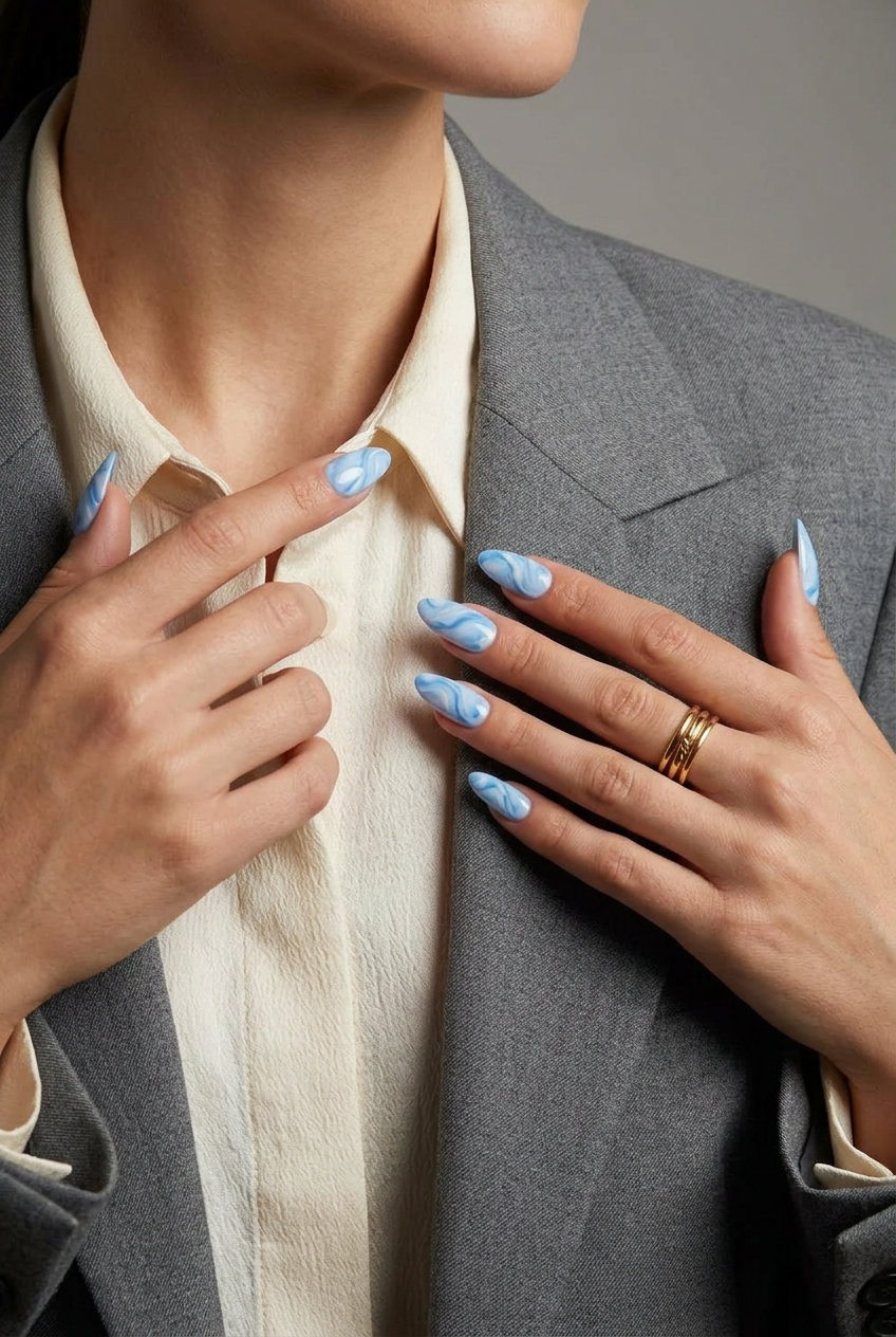 Baby blue marble effect almond nails for fair skin, perfect for vacations and summer parties in 2026.