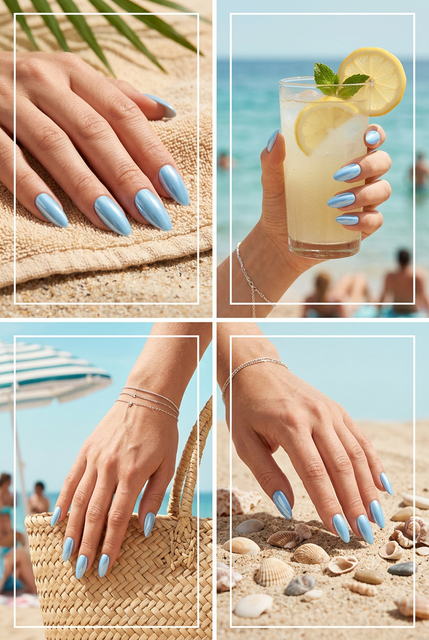 Almond summer nails 2026 for fair skin: Baby blue mirror chrome finish for a futuristic party look.