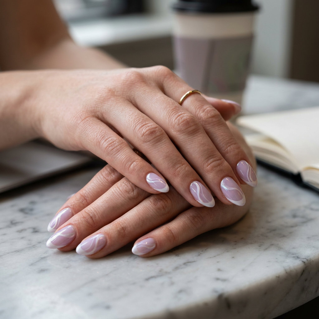 Almond summer nails 2026 for fair skin: Pale lavender micro French swirls for a romantic garden party.