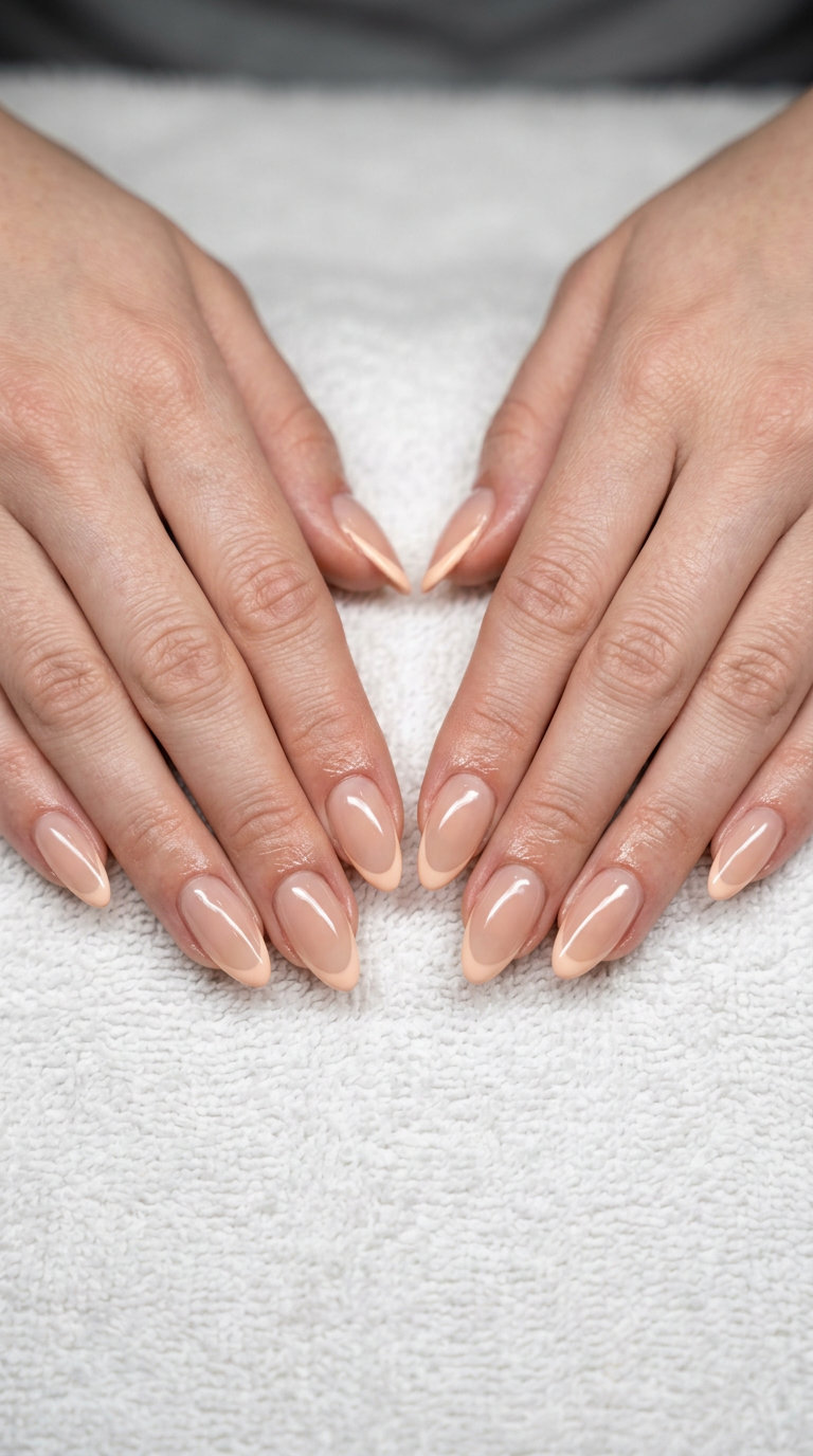 Subtle peach French almond nails for fair skin, perfect for daily wear and casual outings in 2026.