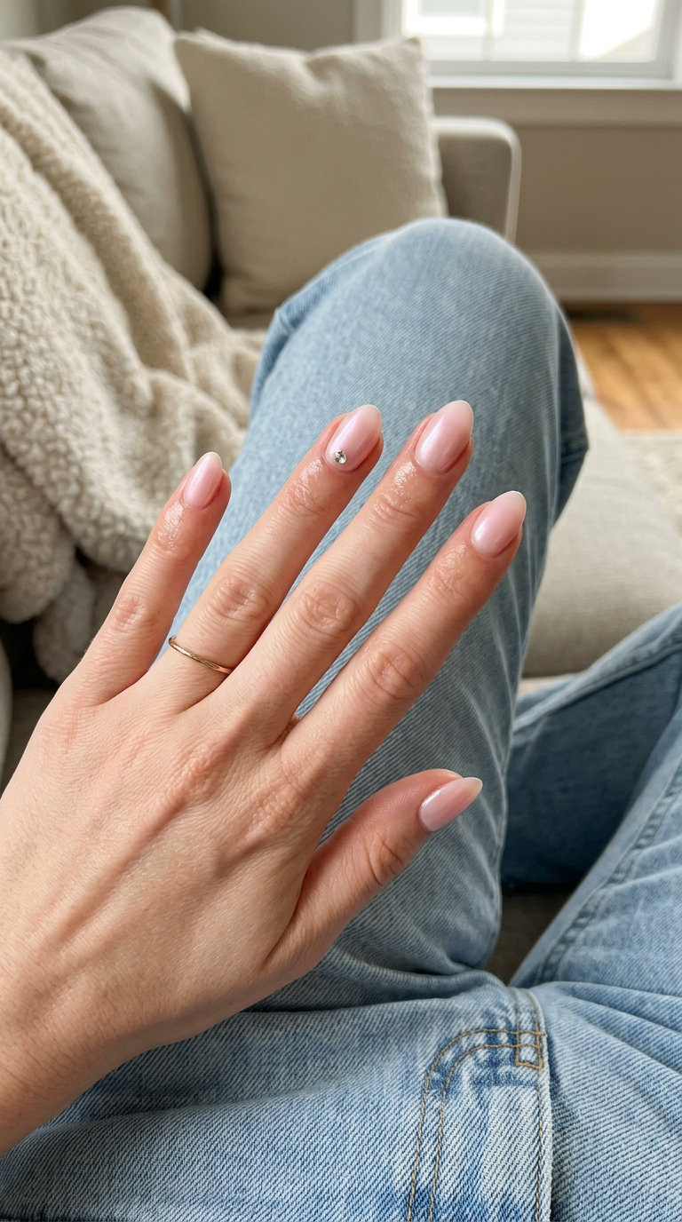 Almond summer nails 2026 for fair skin: Milky pink with rhinestone for a glamorous party look.