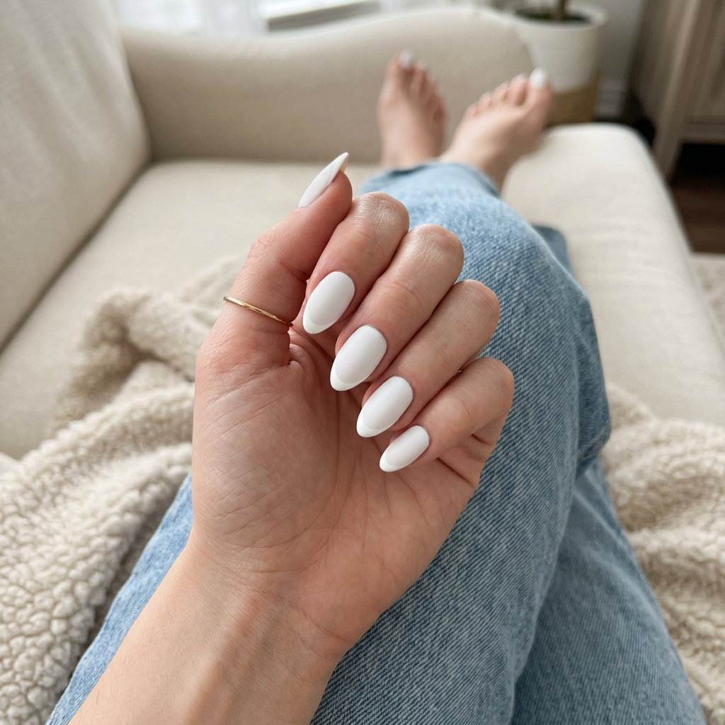 Opaque white matte French tip almond nails for fair skin, ideal for work and minimalist chic in 2026.