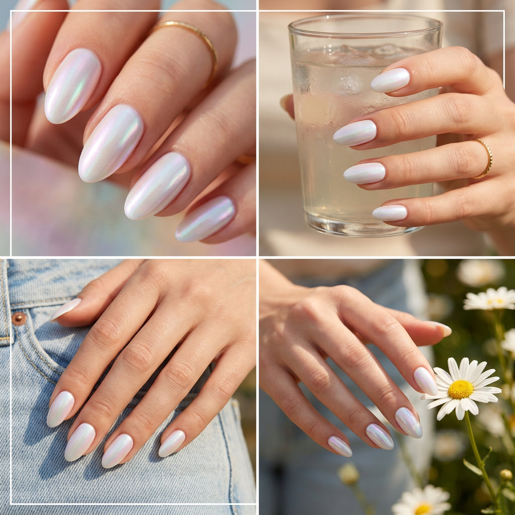Luminous white pearl almond nails for fair skin, perfect for weddings and summer events in 2026.