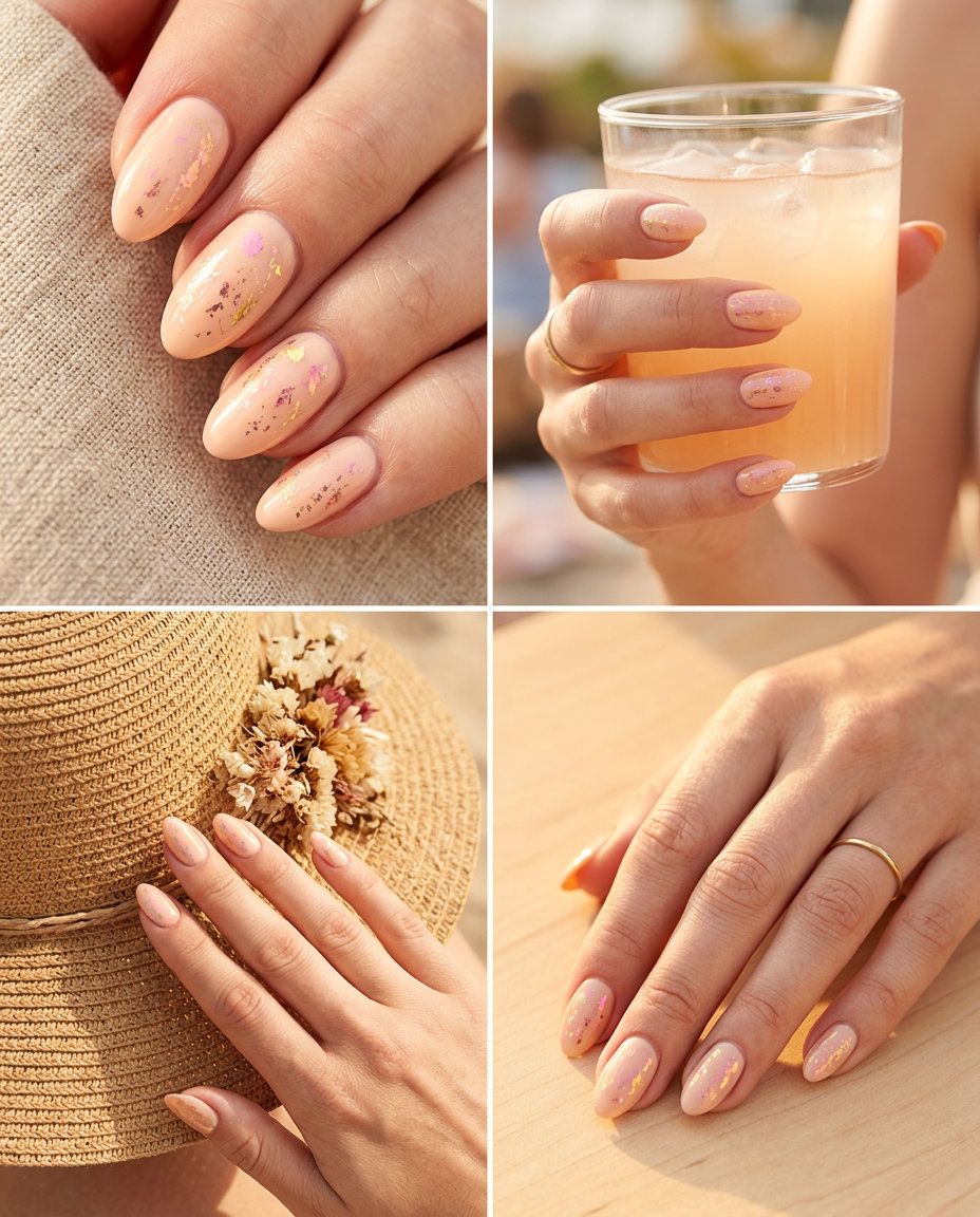 Sun-kissed foil almond nails in light peach, radiant for almond summer nails 2026 for fair skin.