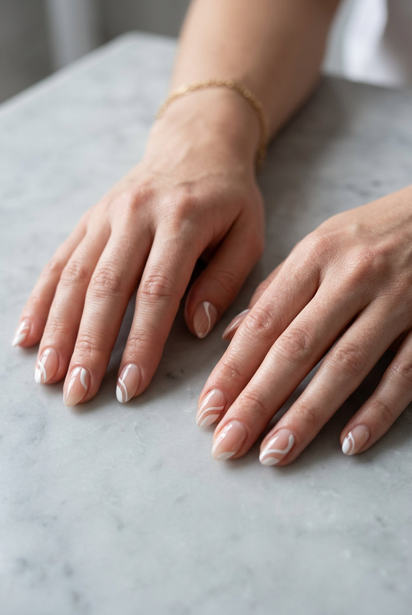 Opaque white negative space lines on almond nails, modern chic for almond summer nails 2026 for fair skin.