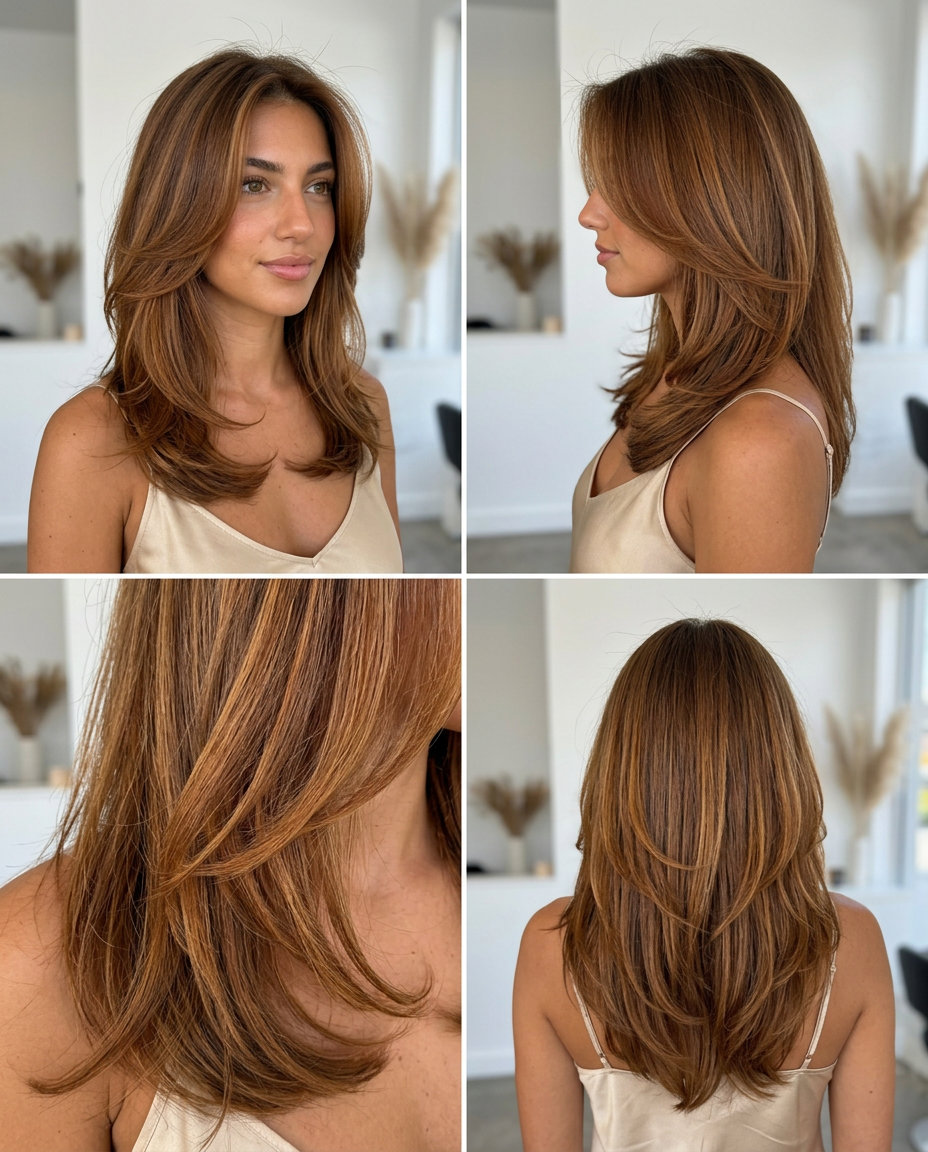 long butterfly haircut in amber ale brown with bronze balayage and face-framing layers for summer 2026