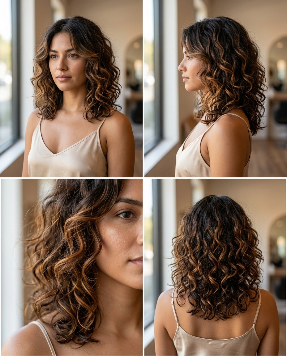 medium curly amber-glazed brunette balayage with rich caramel highlights, face-framing — vibrant & effortless