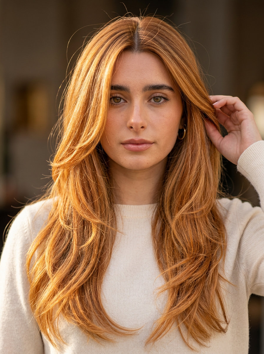 long layered haircut in amber glow strawberry blonde with face-framing pieces for formal events