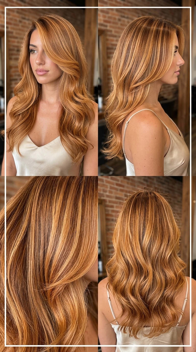 long layered hair with amber glow strawberry blonde balayage, chin layers, U-shape back — sultry, bold
