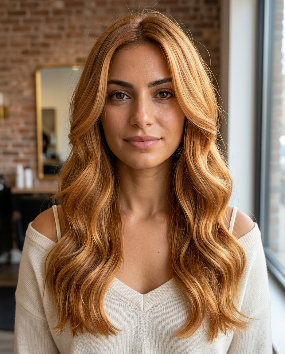 long layered hair with amber glow golden strawberry blonde, jawline layers, U-shape back — romantic, glamorous