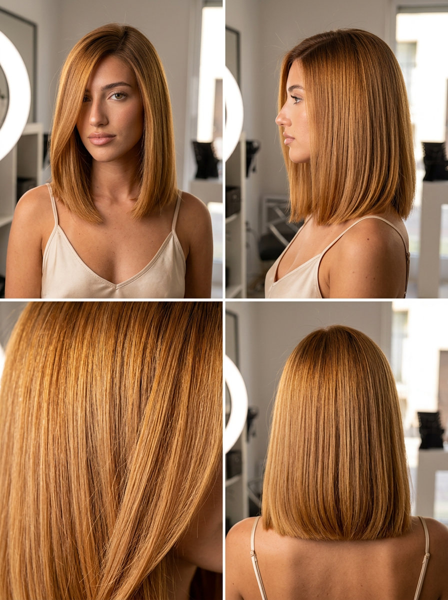 shoulder-length amber glow blonde italian lob with blunt cut and root melt for polished looks