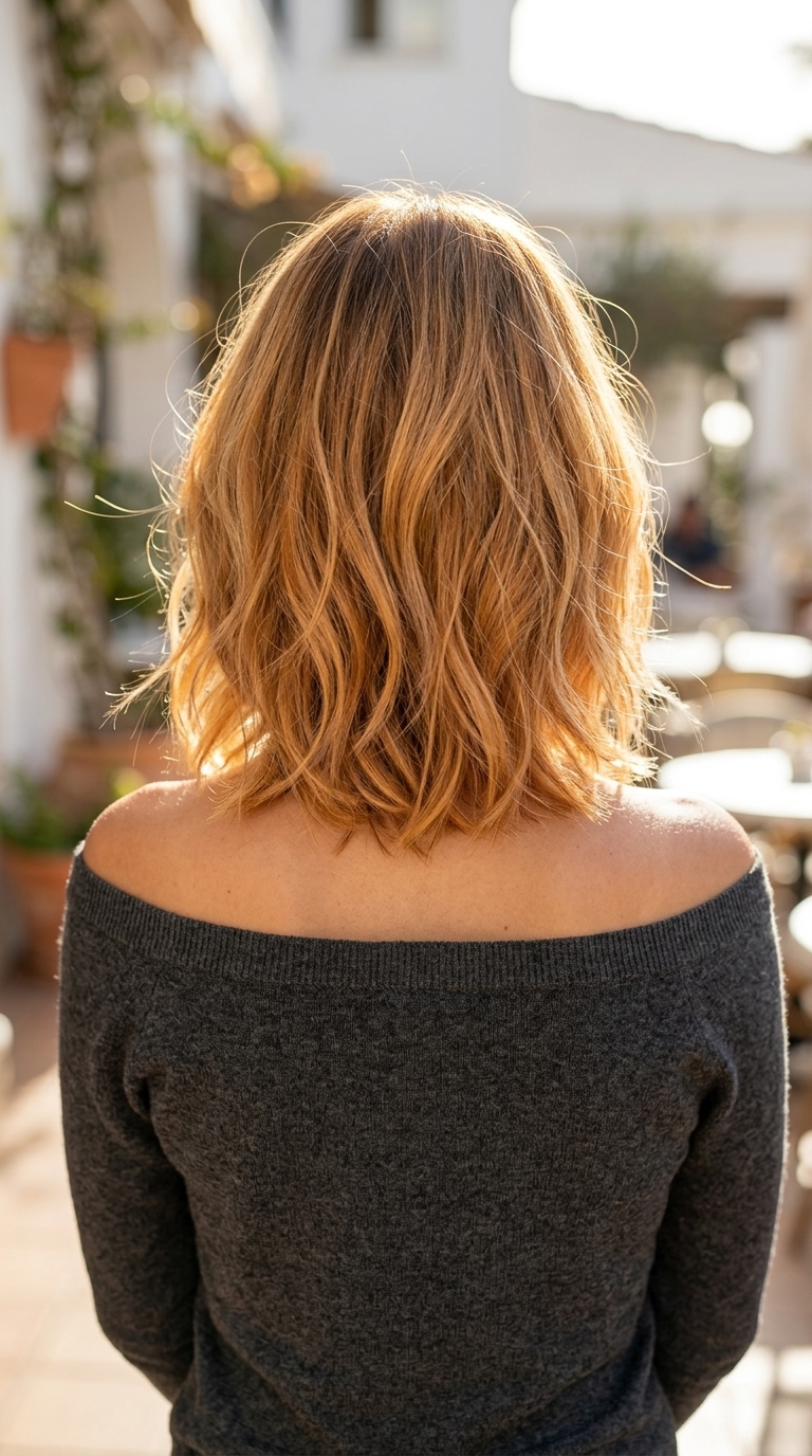chin-length amber gold blonde bob with inverted shape and face-framing layers for relaxed style