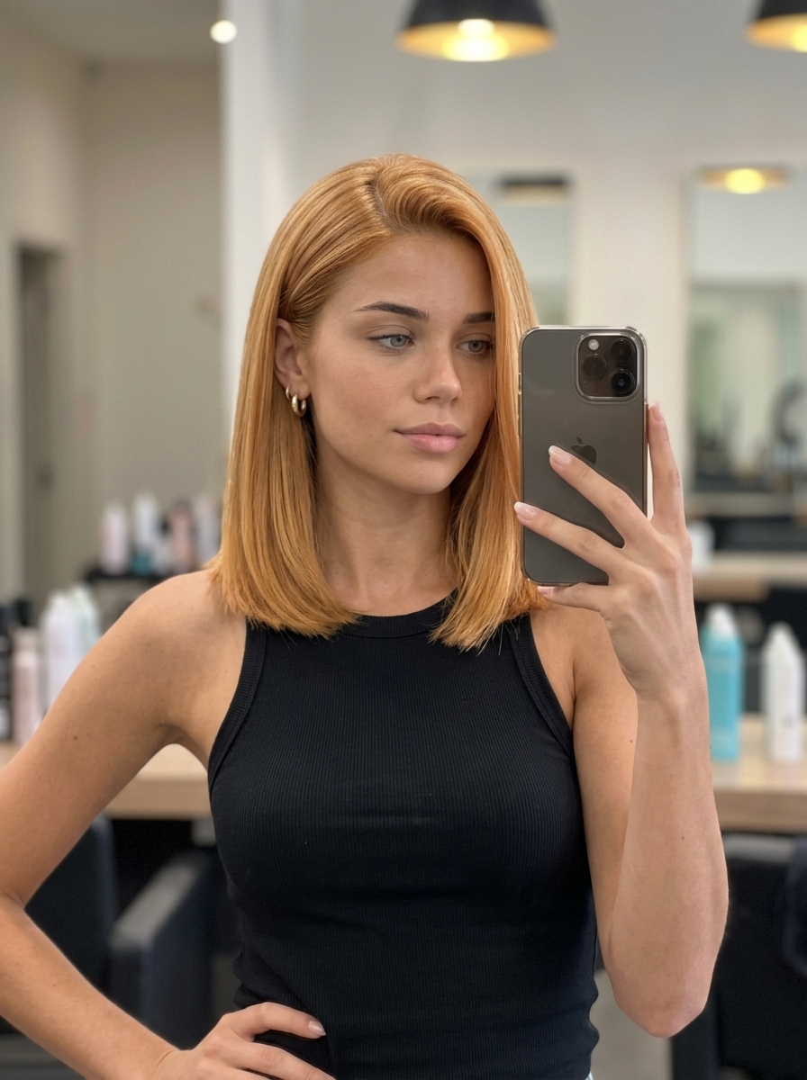 collarbone amber gold blonde blunt cut with sleeked back styling