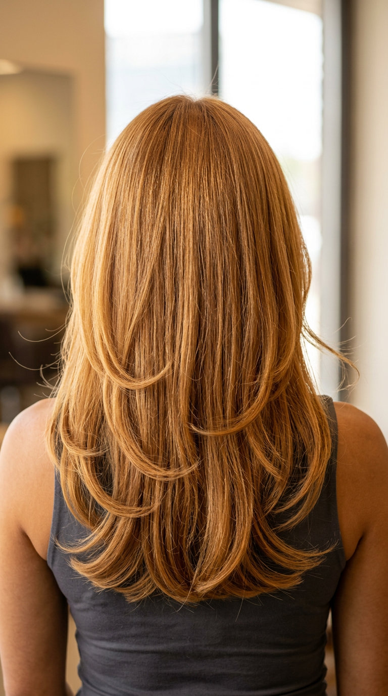 collarbone-length layered haircut golden blonde hair with rich amber gold, sculpted C-shaped face-framing — retro glamorous