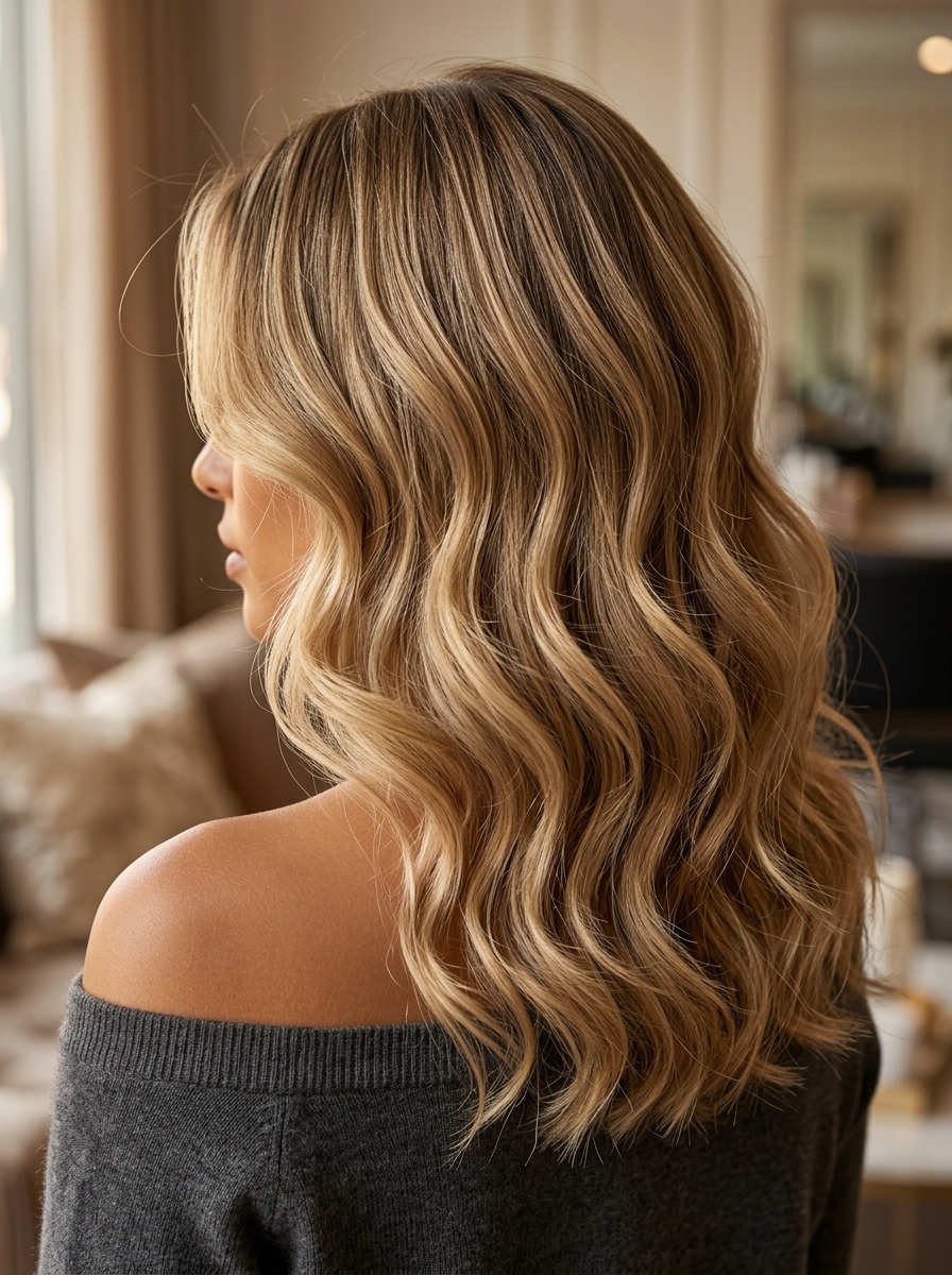 long antique gold blonde ombre with deep blonde root and burnished bronze ends, classic Hollywood waves for formal events