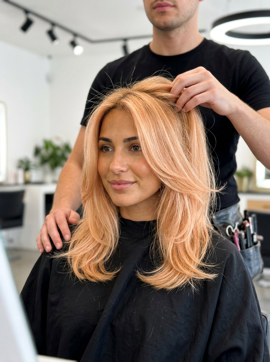 long layered apricot blonde balayage with air touch technique