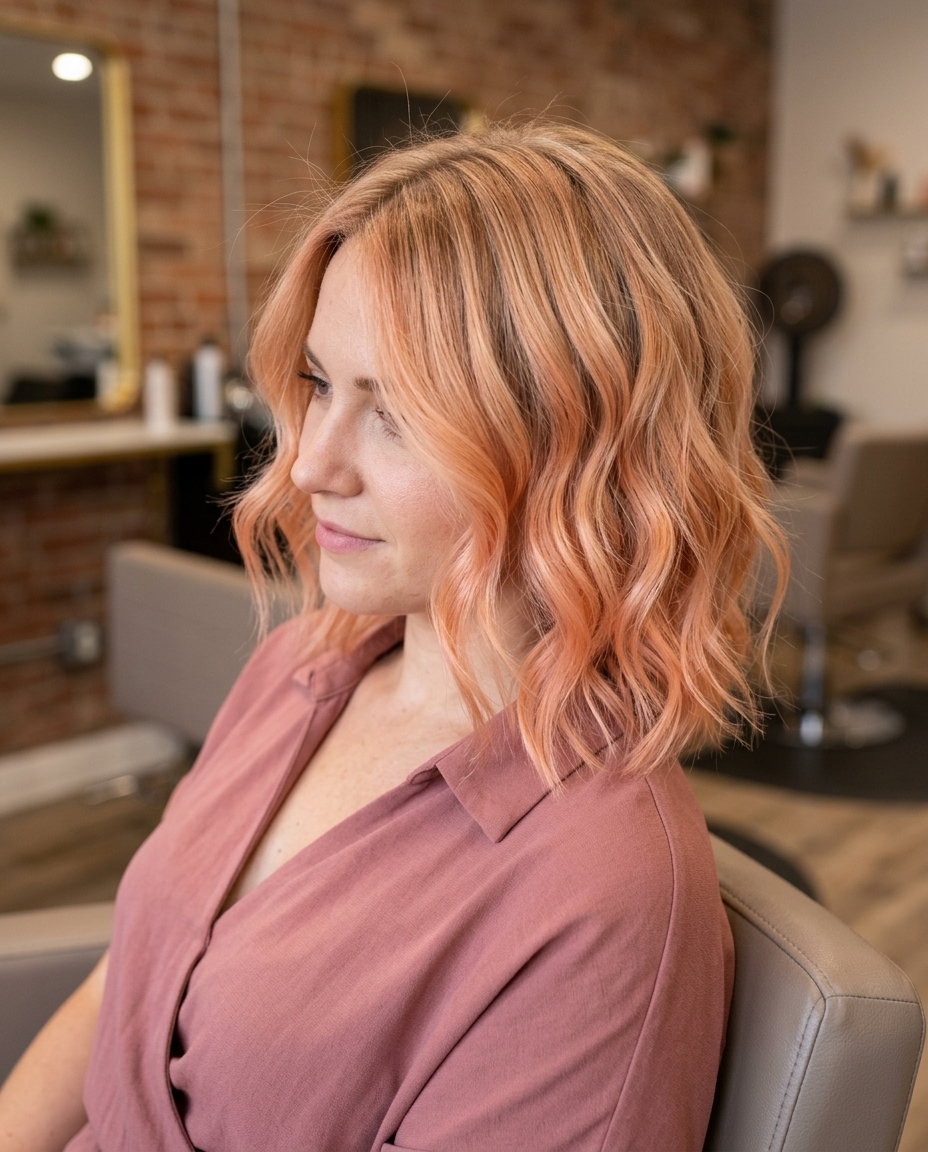 long apricot blonde ombre with honey root and strawberry blonde ends, playful waves for summer parties
