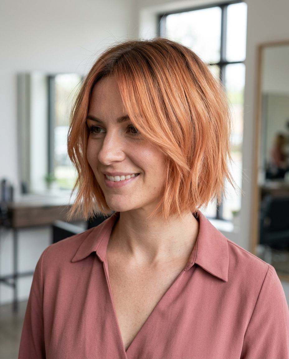 chin-length Italian bob haircut with apricot crush color and face-framing pieces for festivals